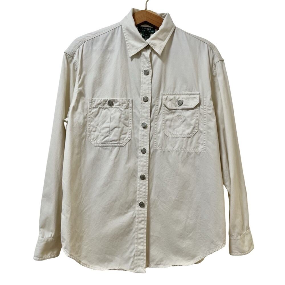 VTG Lauren‎ Ralph Lauren Womens Button Up Shirt Size L Cream Western Equestrian